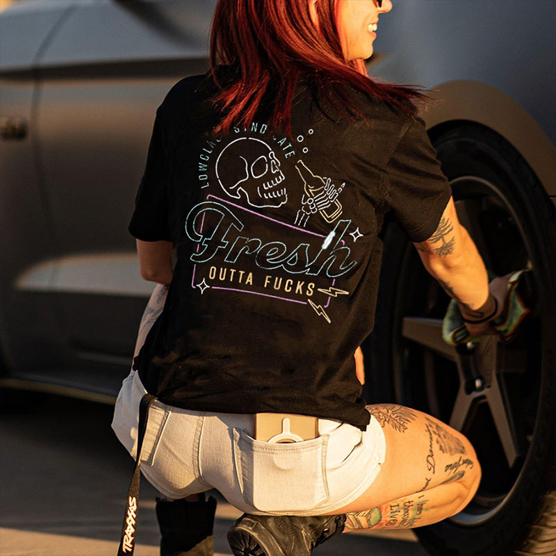 FRESH DUTTA FUCKS Skeleton Drunkard Print Women's T-shirt