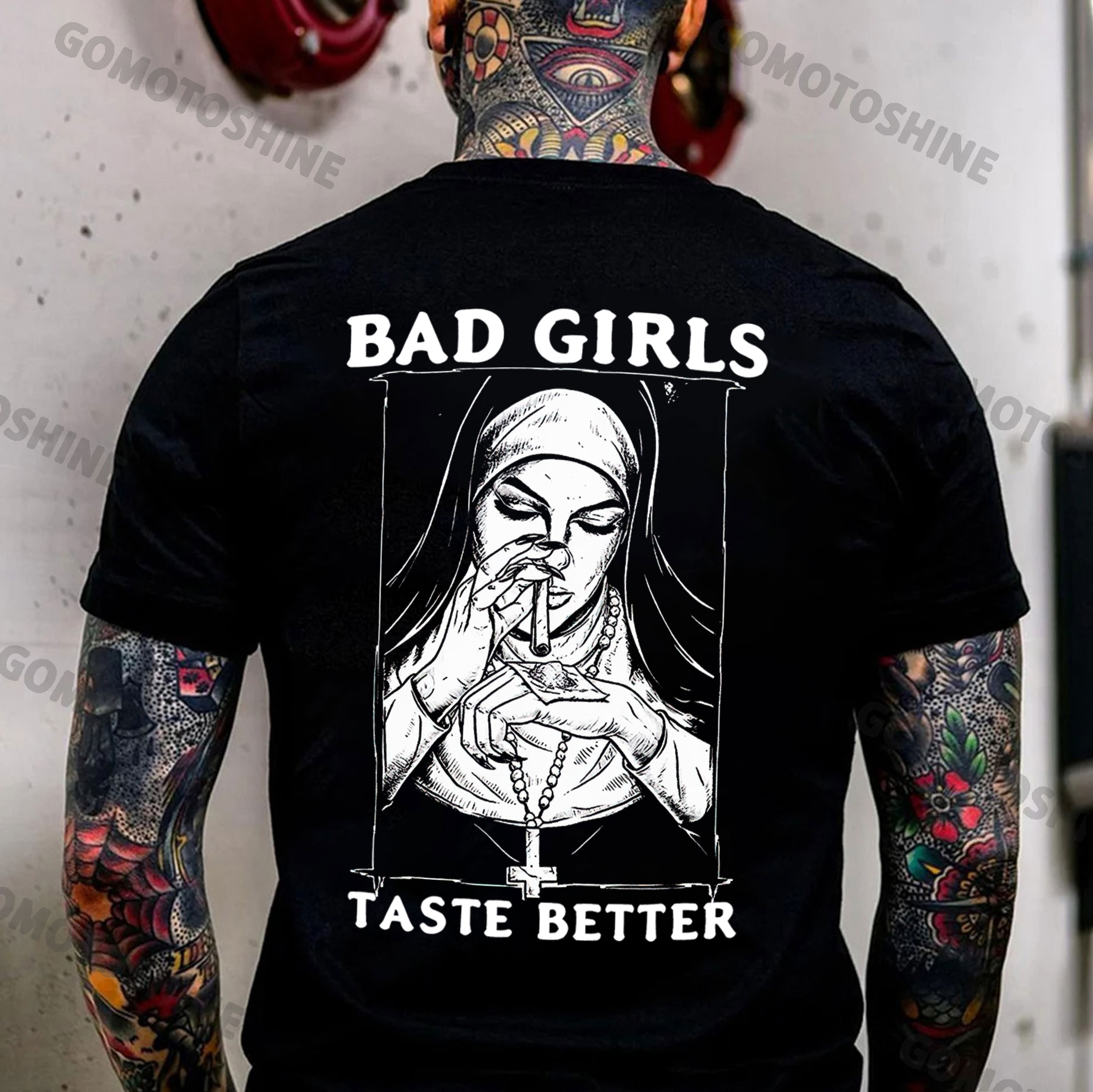 BAD GIRLS TASTE BETTER Smoking Nun Print Men's T-Shirt