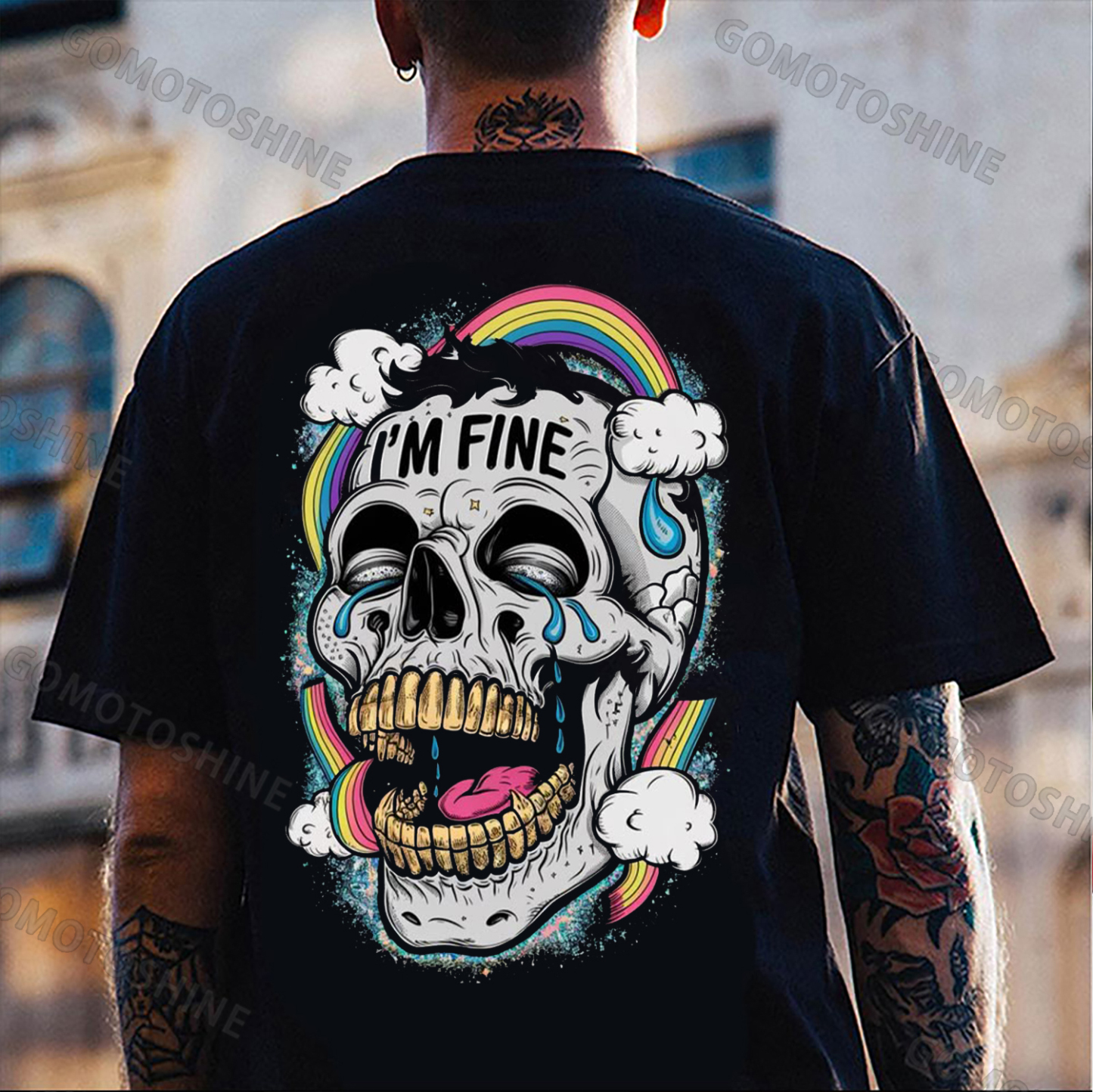 I'M FINE Rainbow Crying Skull Print Men's T-Shirt