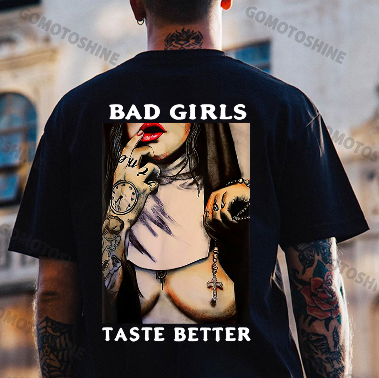BAD GIRLS TASTE BETTER Sexy Naked Nun Print Men's T-Shirt