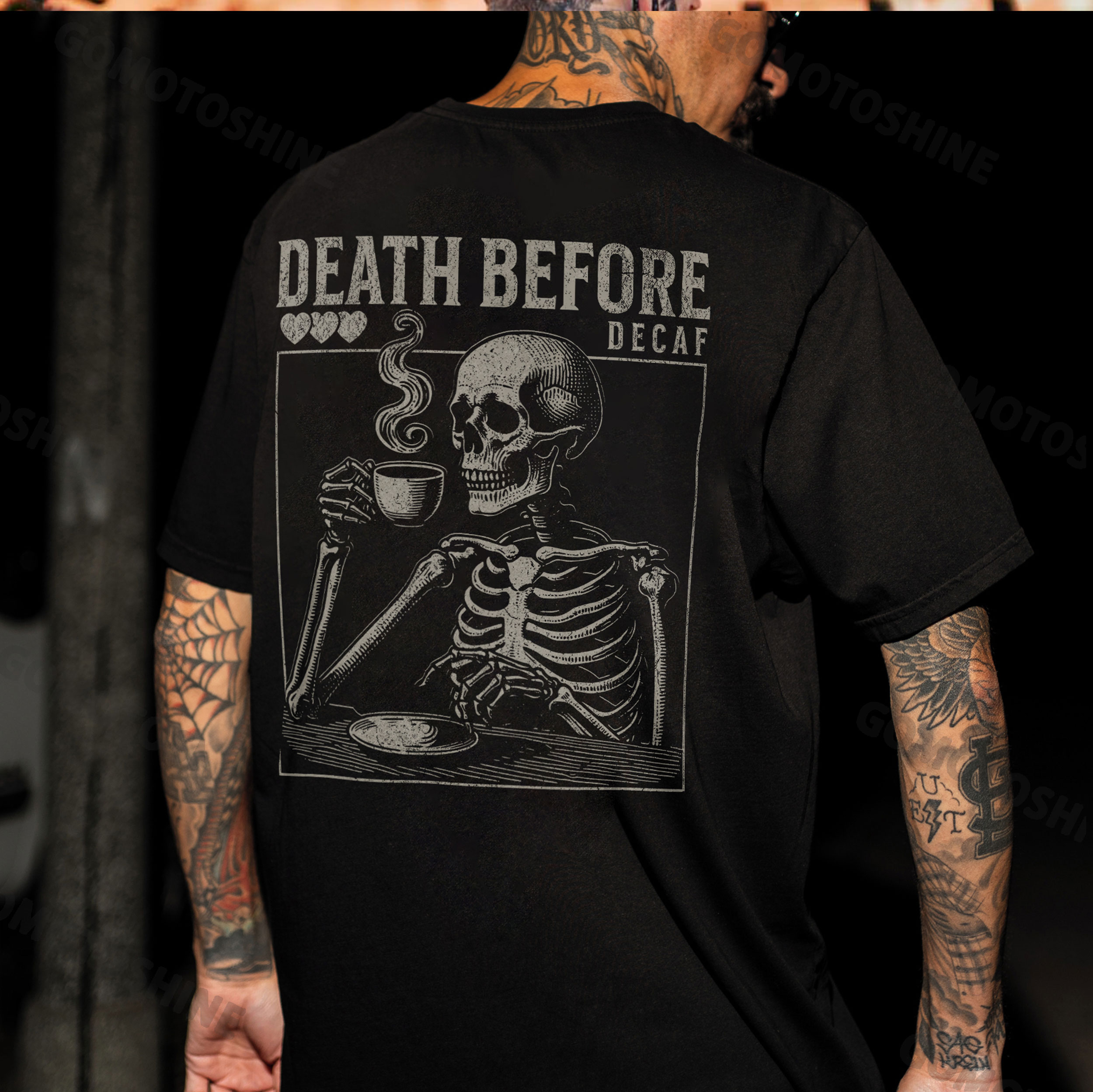 DEATH BEFORE DECAF Coffee Skeleton Print Men's T-Shirt