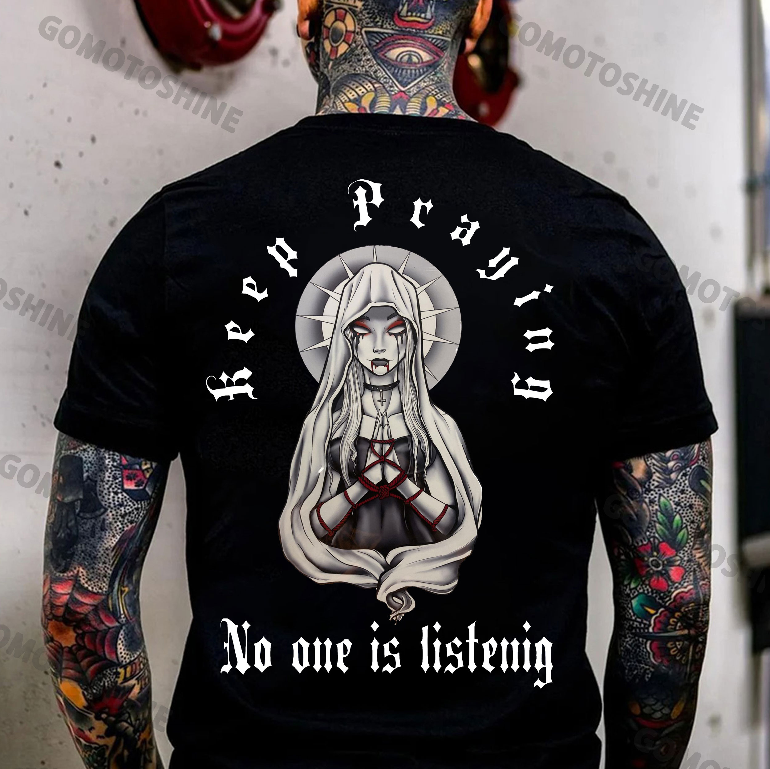 KEEP PRAYING NO ONE IS LISTENING Bleeding Nun Print Men's T-Shirt
