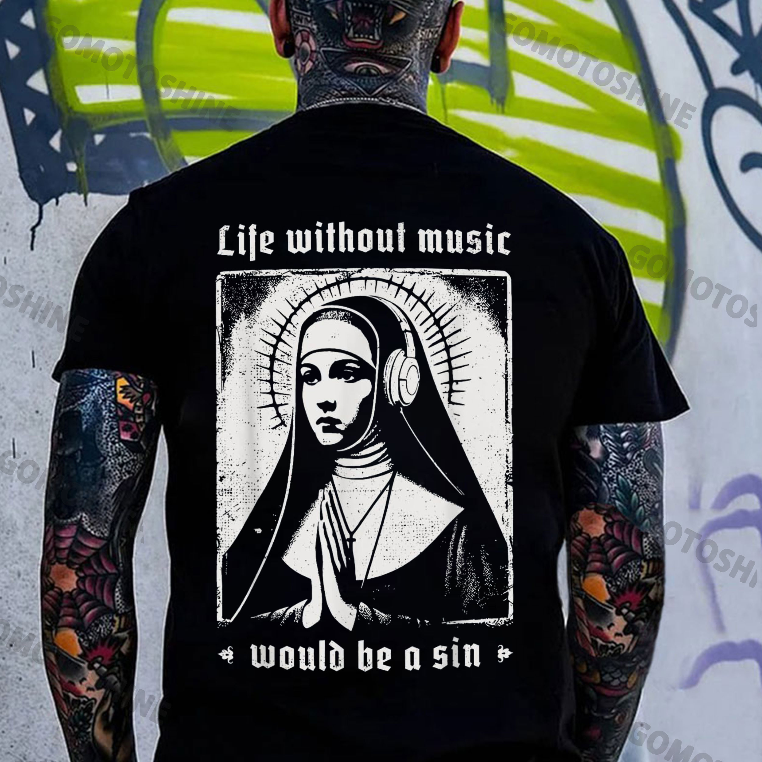 LIFE WITHOUT MUSIC WOULD BE A SIN Praying Music Nun Print Men's T-Shirt