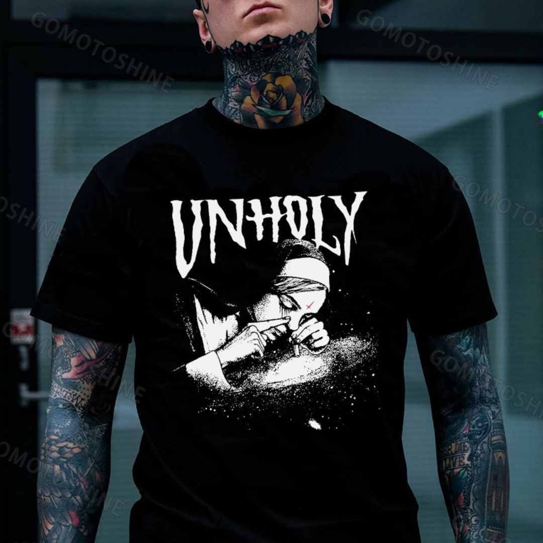 UNHOLY Nun Smoking Dark Style Black Print T-shirt