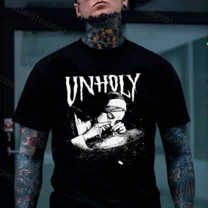UNHOLY Nun Smoking Dark Style Black Print T-shirt