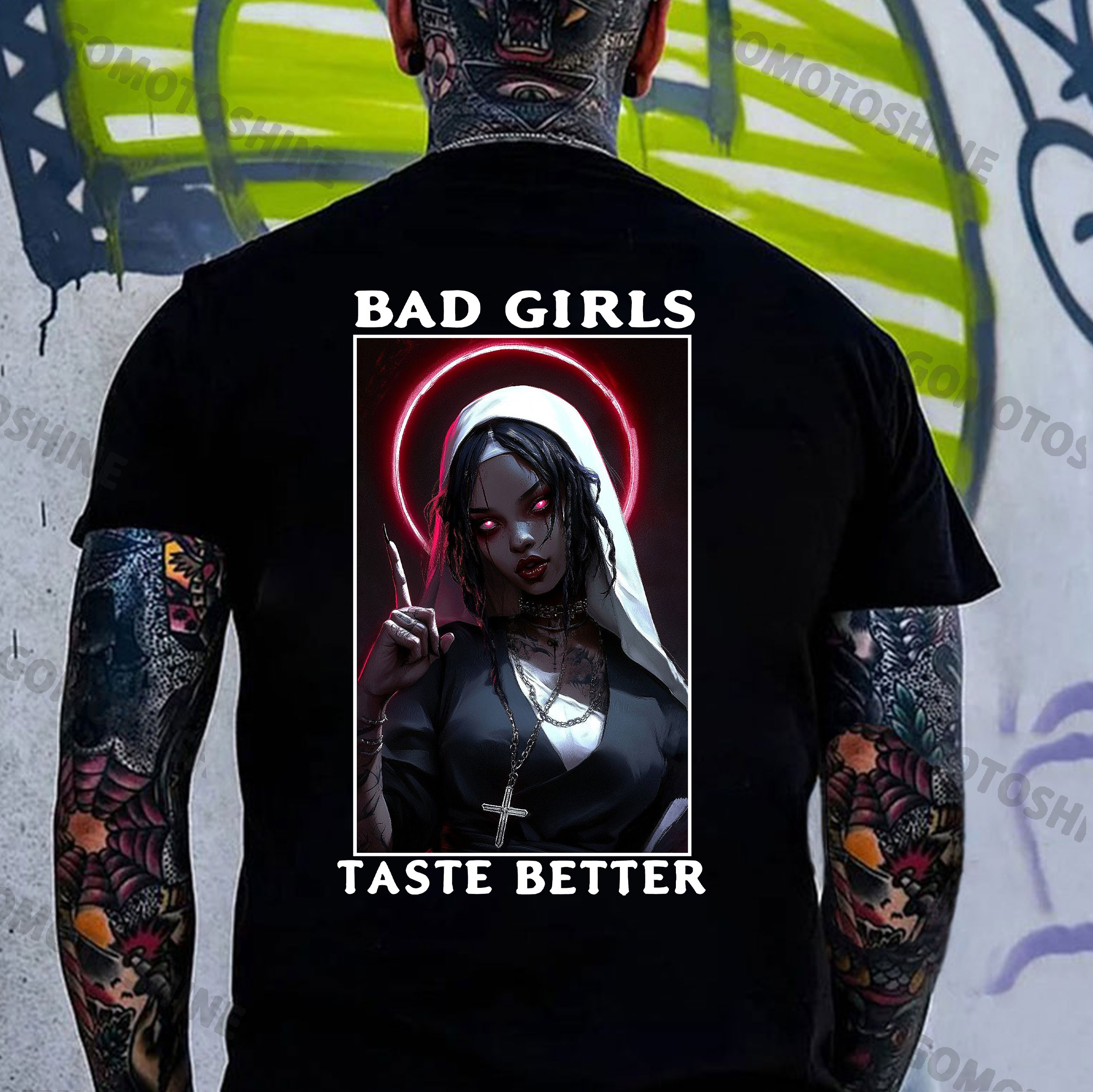 BAD GIRLS TASTE BETTER Evil Sexy Nun Print Men's T-Shirt