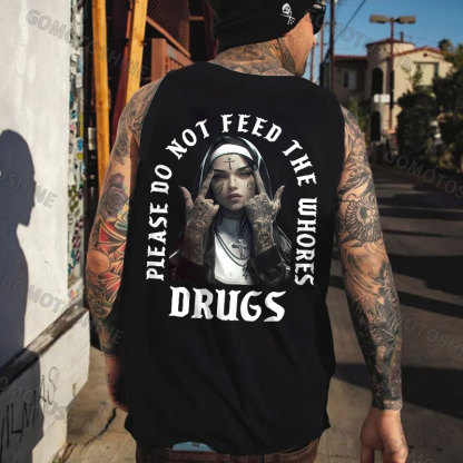 PLEASE DO NOT FEED THE WHORES DRUGS Defiant Nun Print Men's Vest