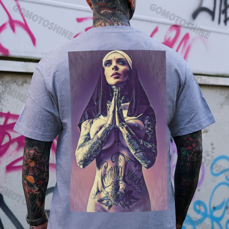 Pious Nun Praying with Tattoo Black Print T-shirt