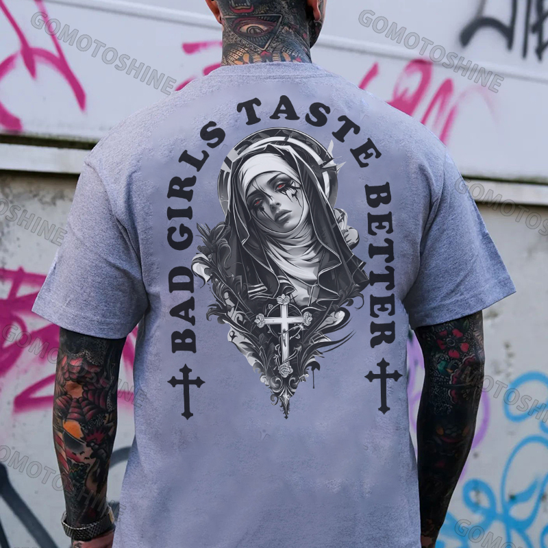 BAD GIRLS TASTE BETTER Crucifix Nun Print Men's T-Shirt