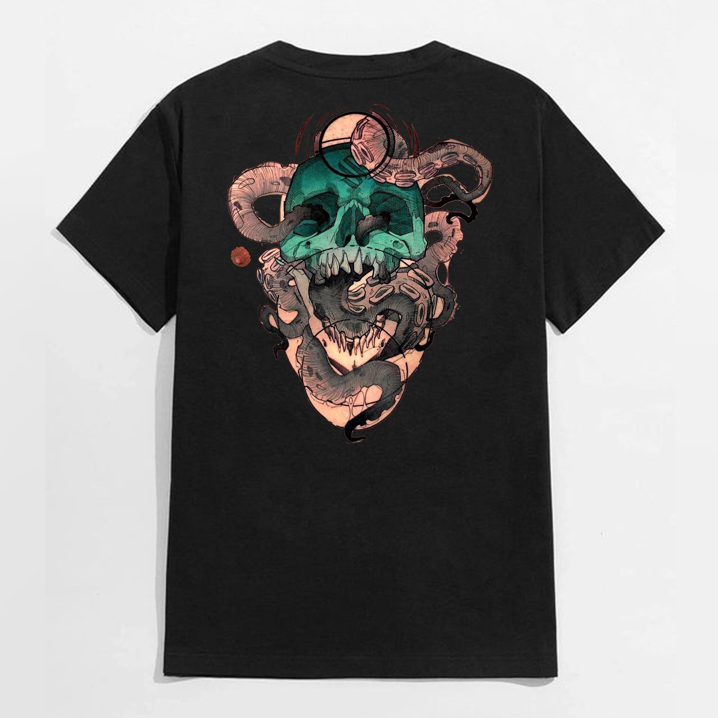Painful Skull with Fierce Snake Black Print T-Shirt