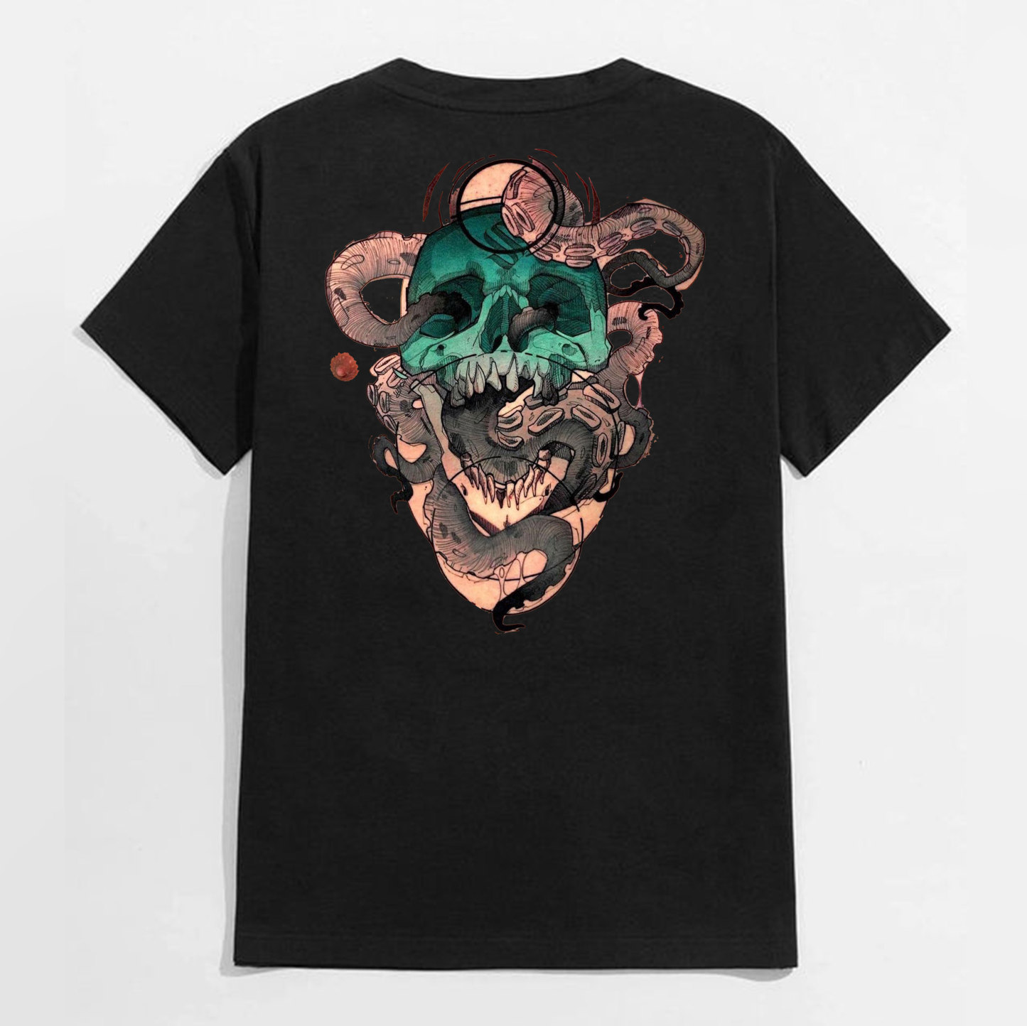 Painful Skull with Fierce Snake Black Print T-Shirt