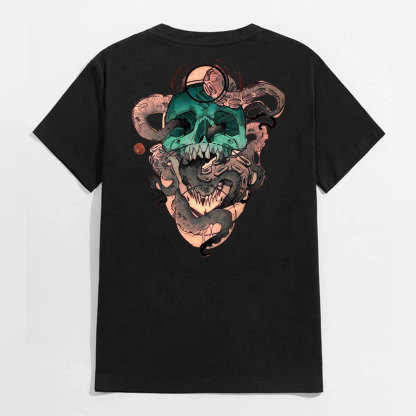 Painful Skull with Fierce Snake Black Print T-Shirt