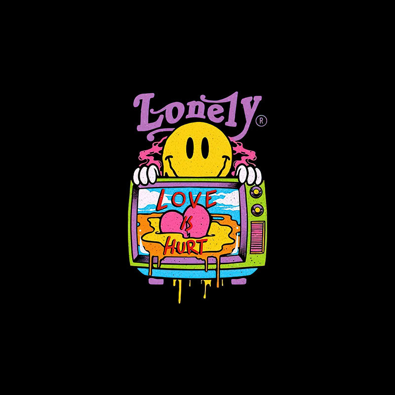 LONELY LOVE HURT Emoji and Landscape Black Print T-Shirt