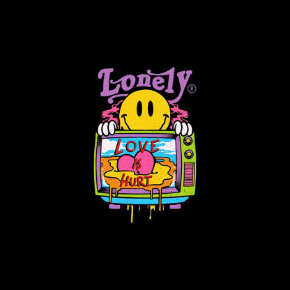 LONELY LOVE HURT Emoji and Landscape Black Print T-Shirt