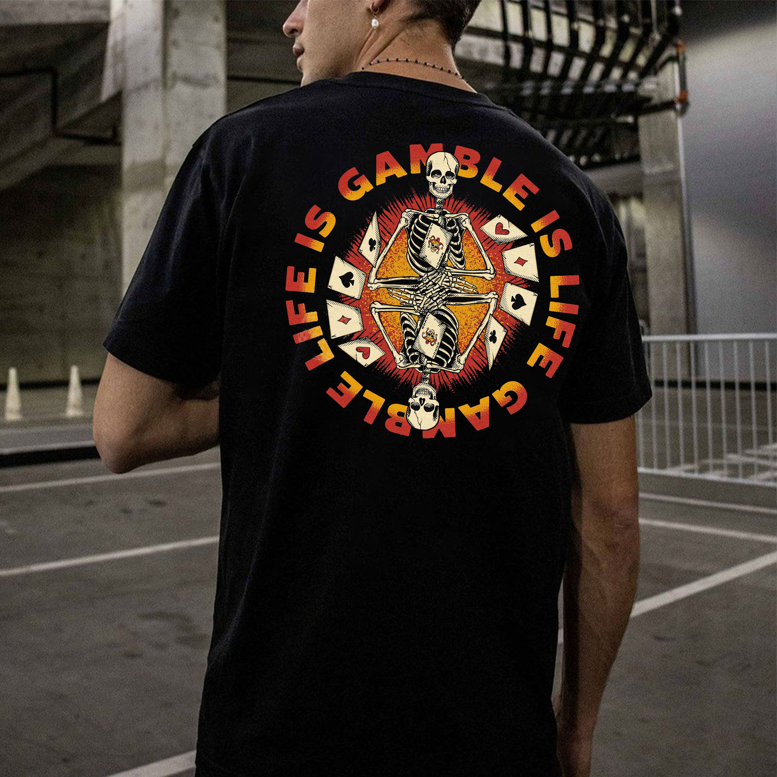 LIFE IS GAMBLE Skull with Pokers Black Print T-Shirt