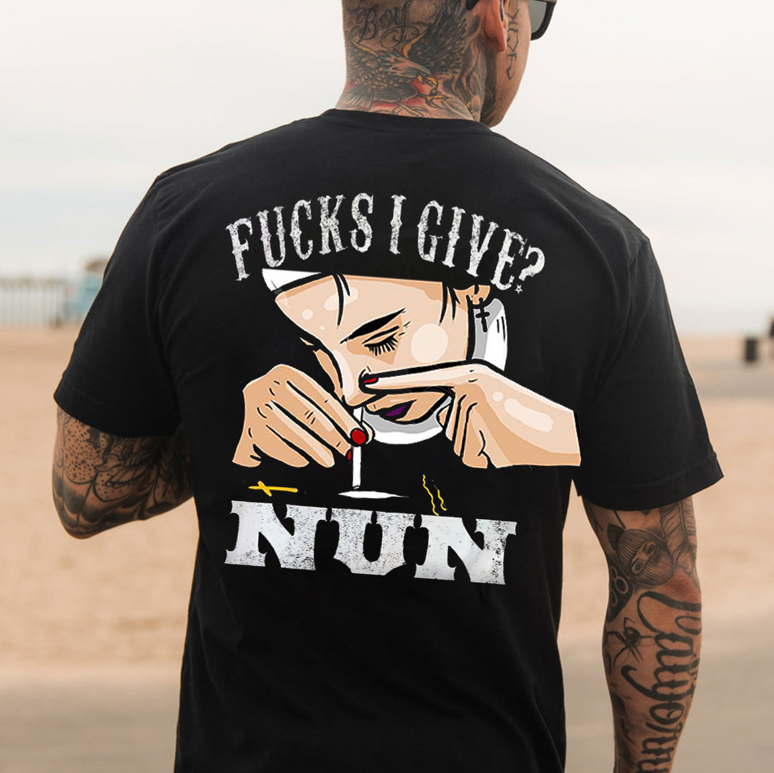FUCKS I GIVE NUN Smoking Black Print T-Shirt