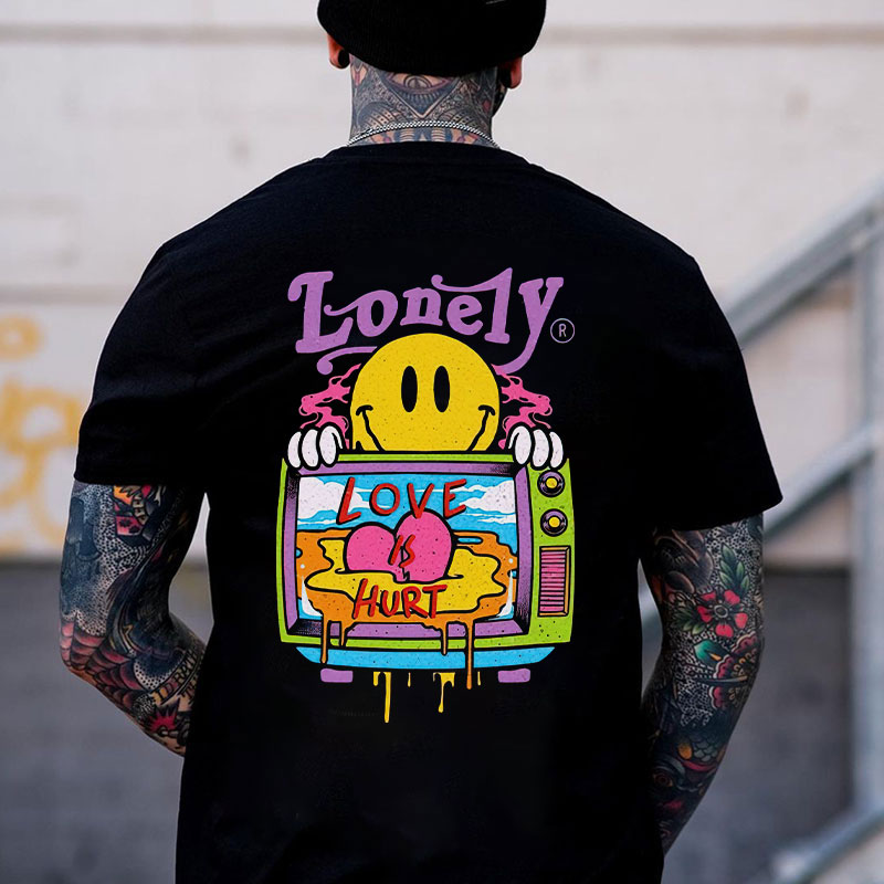 LONELY LOVE HURT Emoji and Landscape Black Print T-Shirt