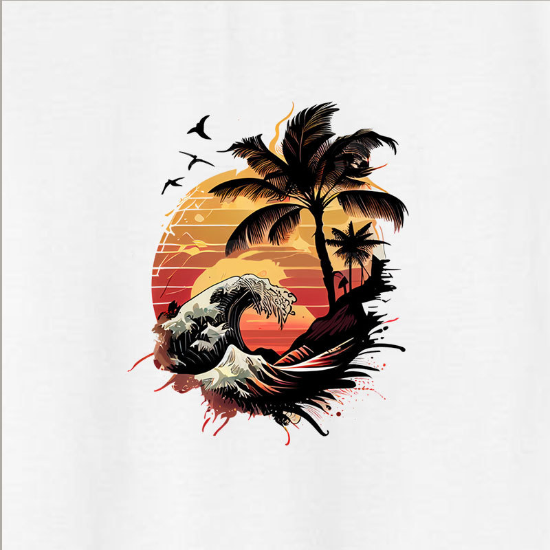 Seaside Sunset Tree and Flying Birds White Print T-Shirt