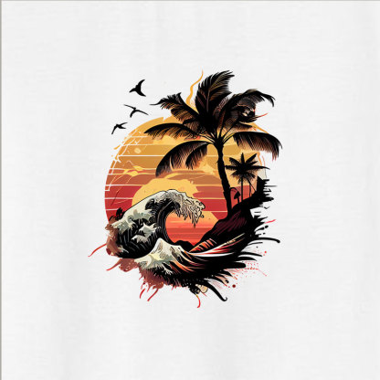 Seaside Sunset Tree and Flying Birds White Print T-Shirt