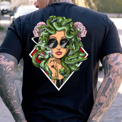 Lady Smoking with Fierce Snake Black Print T-Shirt