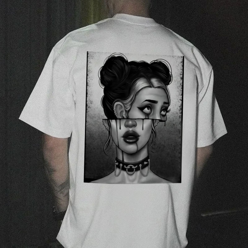 Goth Girl Slit Face Graphic Casual Black Print T-Shirt