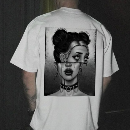 Goth Girl Slit Face Graphic Casual Black Print T-Shirt