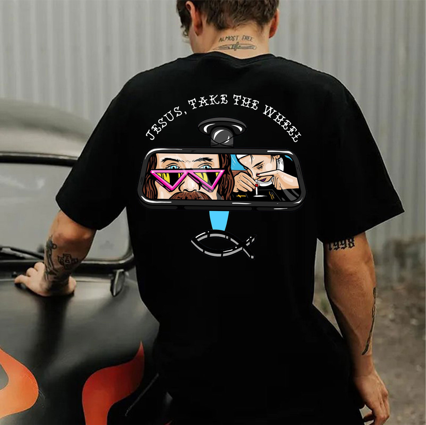 JESUS, TAKE THE WHEEL Nun Smoking Black Print T-Shirt