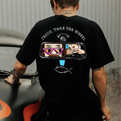 JESUS, TAKE THE WHEEL Nun Smoking Black Print T-Shirt