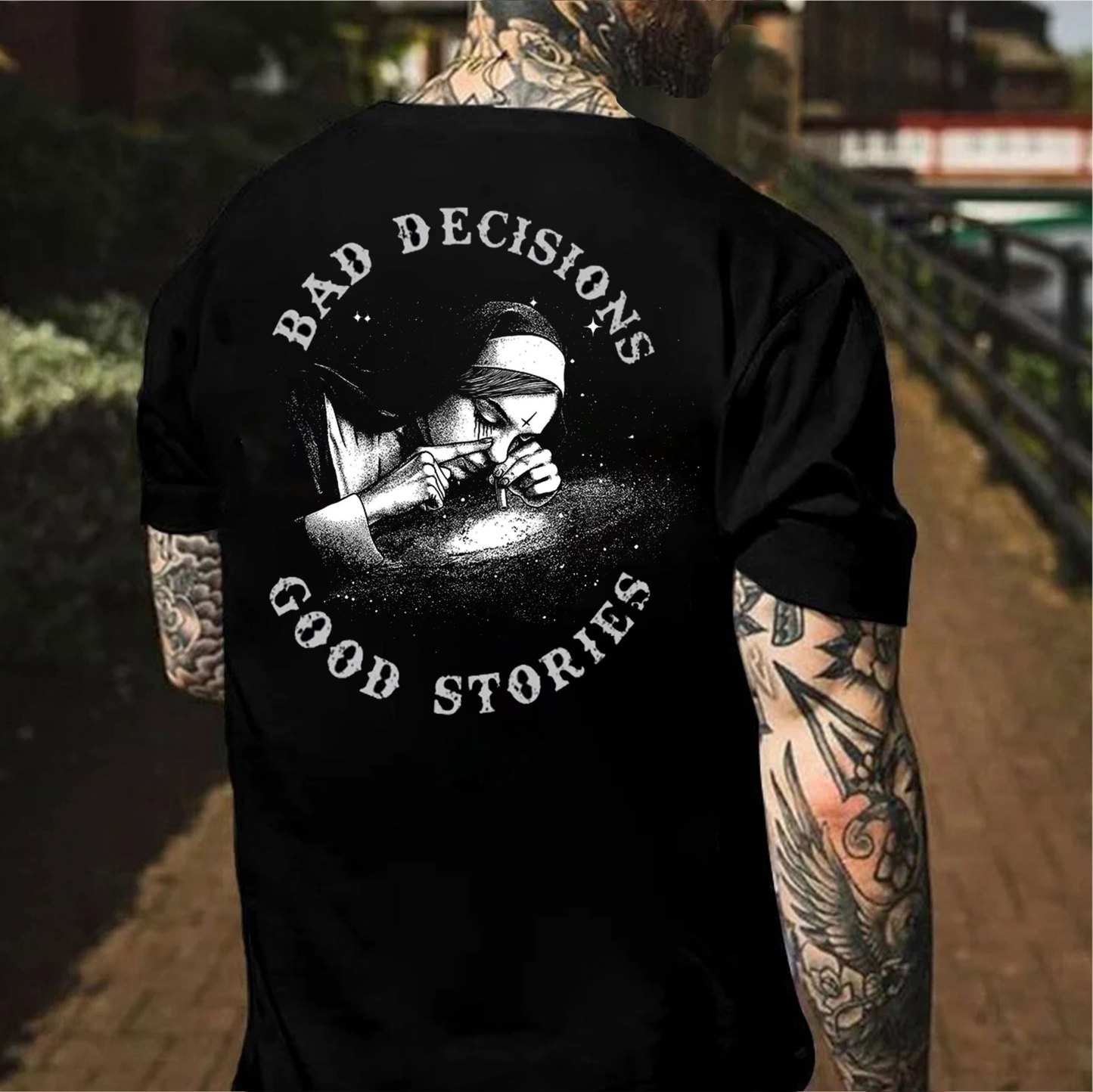 BAD DECISIONS GOOD STORIES Nun Smoking Black Print T-Shirt Image - 15