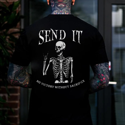 SEND IT NO VICTORY WITHOUT SACRIFICE Skeleton Black Print T-Shirt