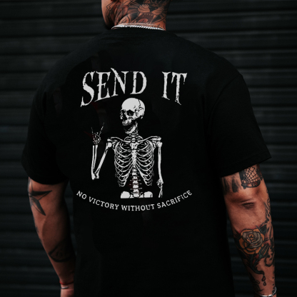 SEND IT NO VICTORY WITHOUT SACRIFICE Skeleton Black Print T-Shirt