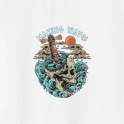 MAKING WAVES Skull with Lighthouse White Print T-shirt