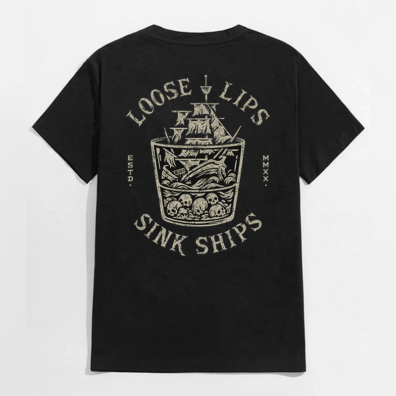 LOOSE LIPS SINK SHIPS Skull Black Print T-shirt