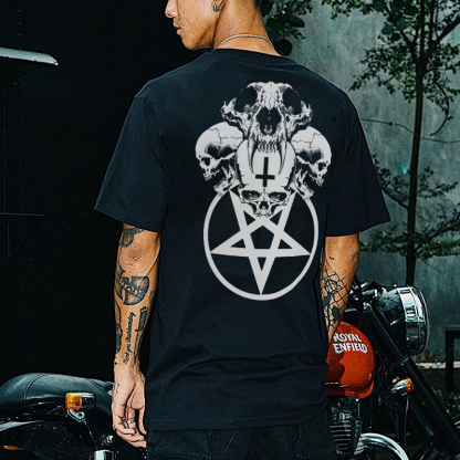 Multifacial Skulls with Star Circle Black Print T-shirt