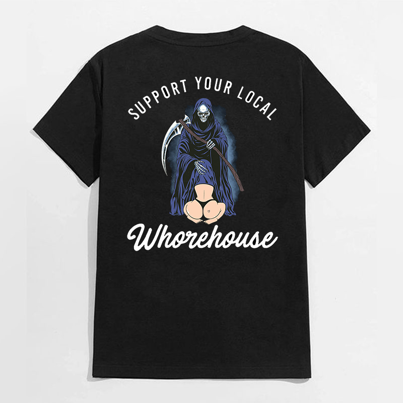 SUPPORT YOUR LOCAL WHOREHOUSE Oral Sex With Skeleton Black Print T-shirt