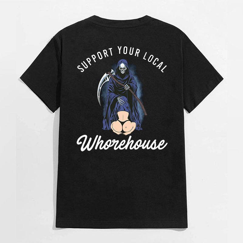 SUPPORT YOUR LOCAL WHOREHOUSE Oral Sex With Skeleton Black Print T-shirt