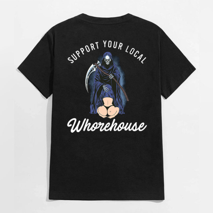 SUPPORT YOUR LOCAL WHOREHOUSE Oral Sex With Skeleton Black Print T-shirt