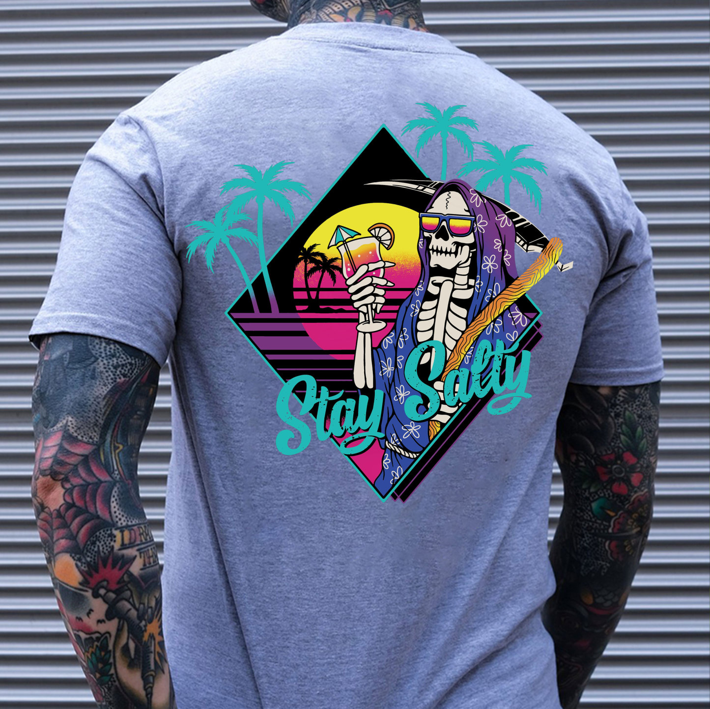 STAY SALTY Tropical Skeleton Black Print T-shirt