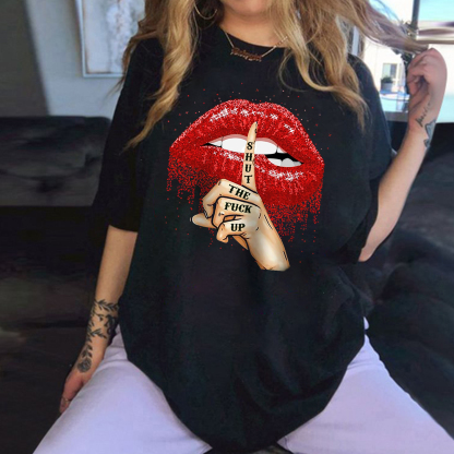 SHUT THE FUCK UP Red Lips Print Women's T-shirt