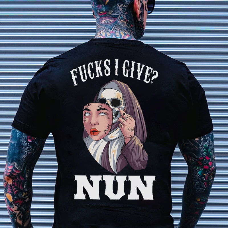 FUCKS I GIVE NUN Human Skin Mask Skeleton Black Print T-shirt