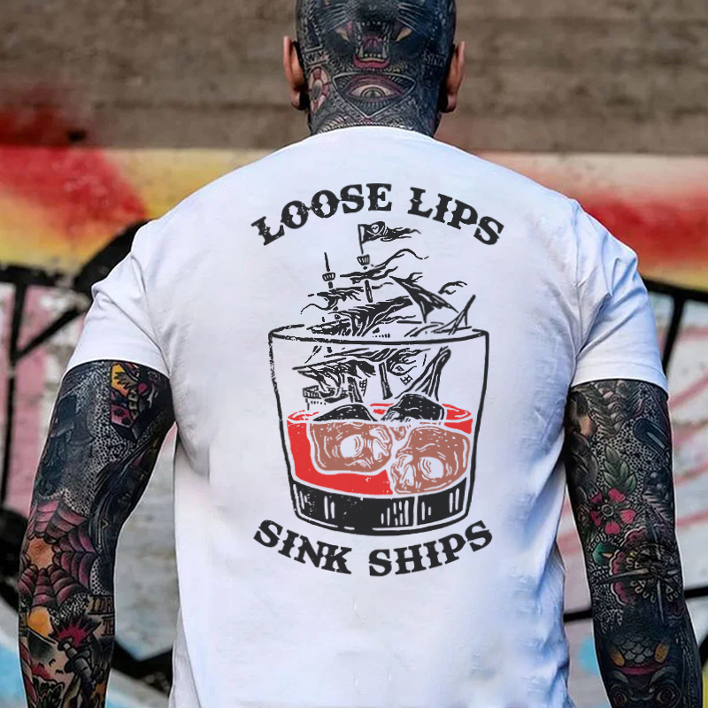 LOOSE LIPS SINK SHIPS Skulls Ship in the Water Graphic Black Print T-shirt