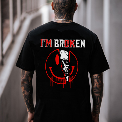I'M BROKEN Emoji Skull Black Print T-shirt