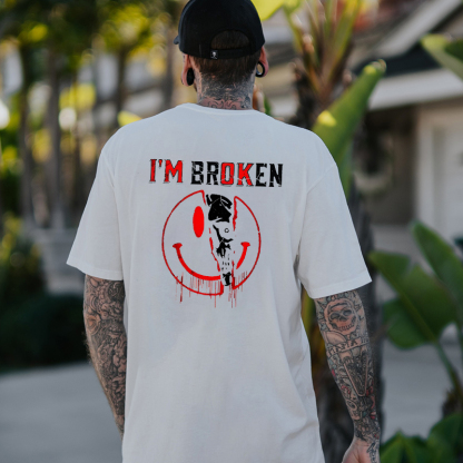 I'M BROKEN Emoji Skull Black Print T-shirt