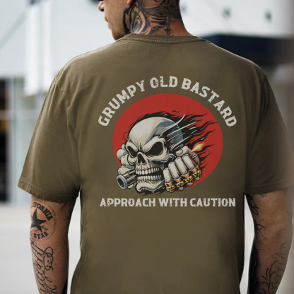 GRUMPY OLD BASTARD APPROACH WITH CAUTION Skull Black Print T-shirt