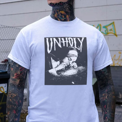 UNHOLY Nun Smoking Dark Style Black Print T-shirt