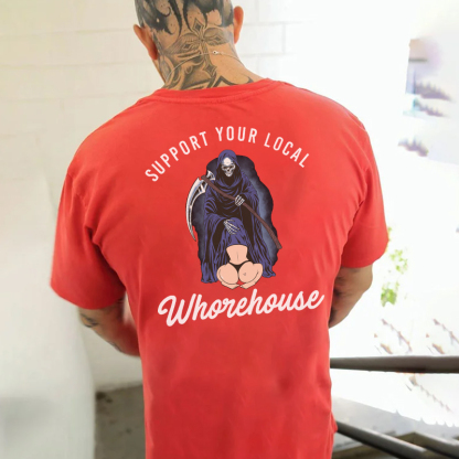 SUPPORT YOUR LOCAL WHOREHOUSE Oral Sex With Skeleton Black Print T-shirt