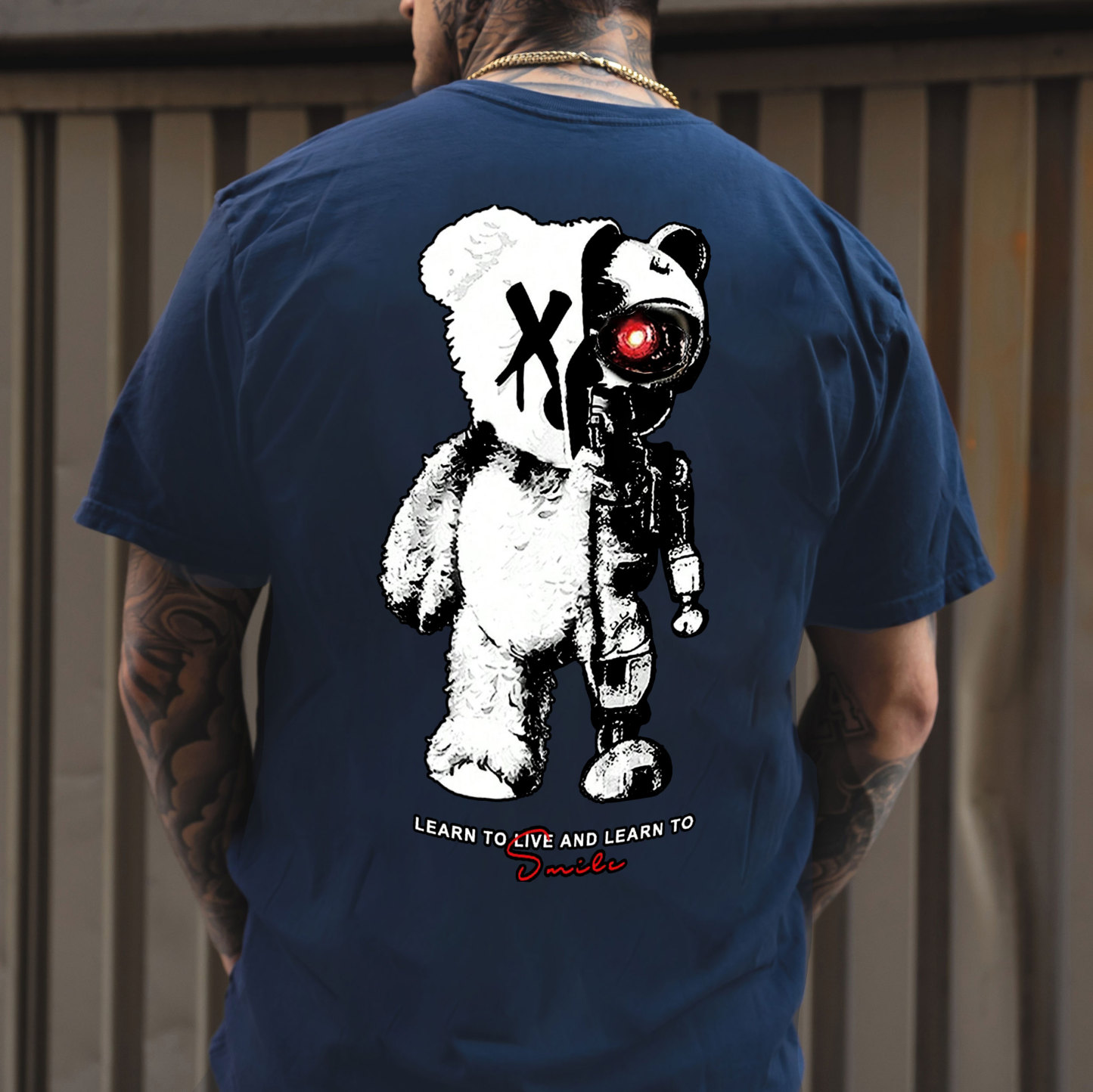 LEARN TO LIVE AND LEARN TO SMILE Deconstruction Bear Black Print T-shirt