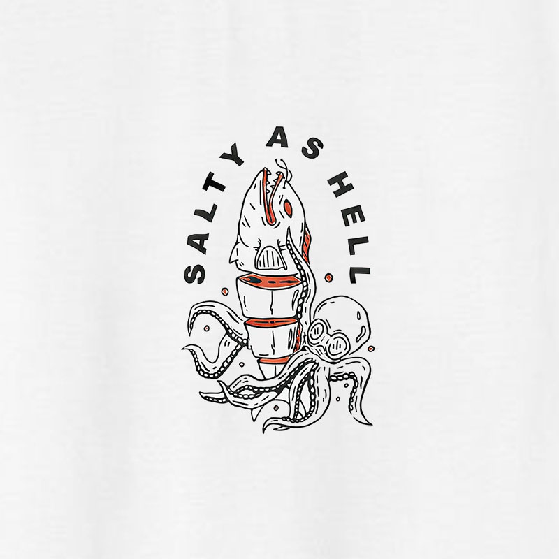 SAITY AS HELL Shark and Octopus White Print T-shirt