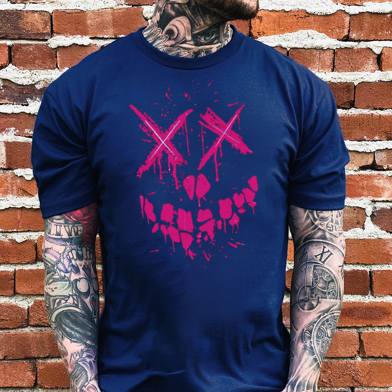 Fluorescent Pink Evil Emoji Graphic Black Print T-Shirt
