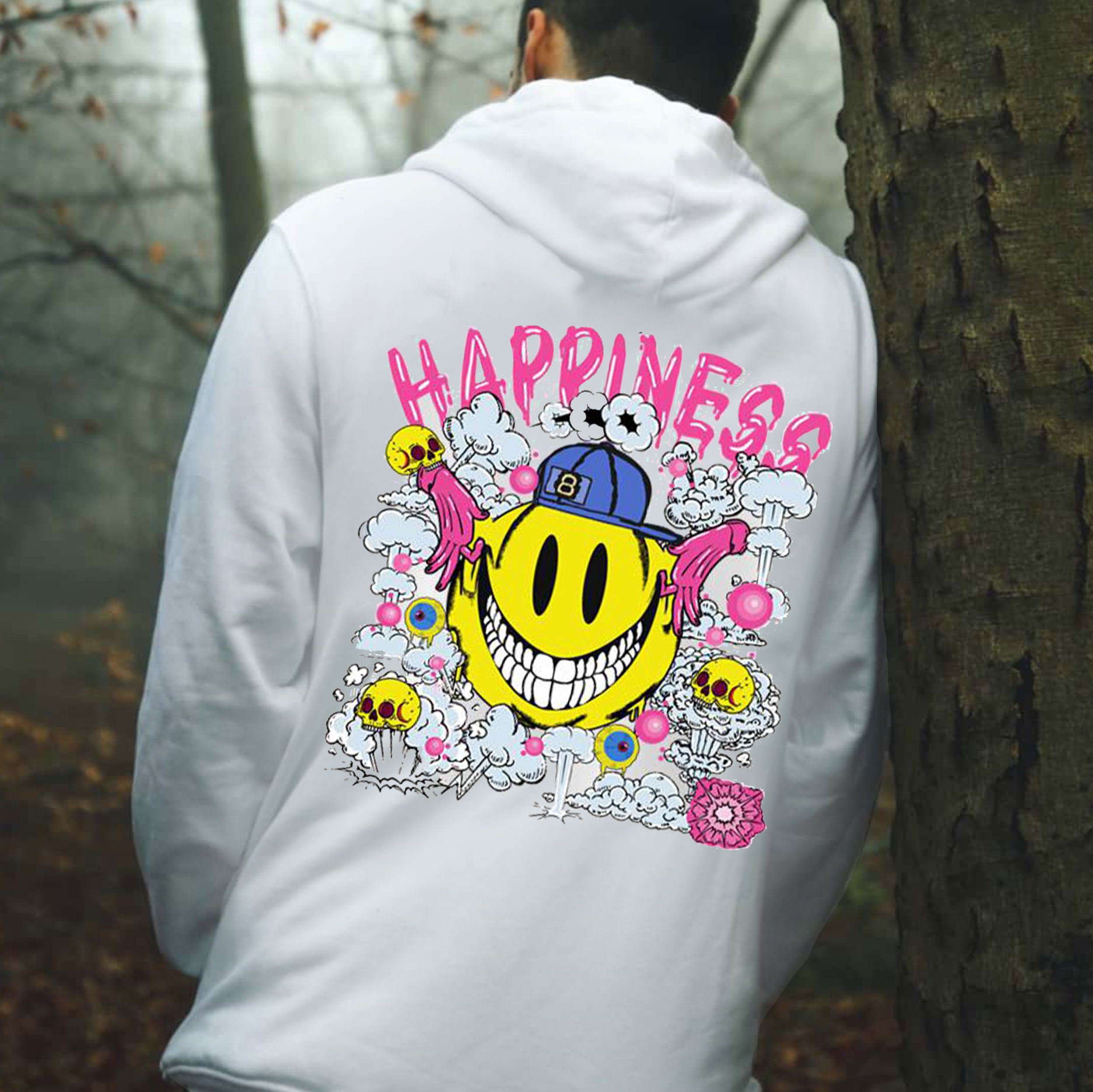 HAPPINESS Happy Emoji Skulls White Print Hoodie